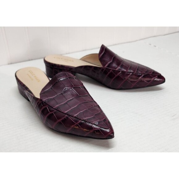 Cole Haan Piper Burgundy Croc-Embossed Leather Mules Block Heel Slip-On Womens - Picture 3 of 15